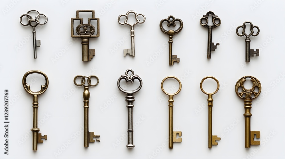 Antique Skeleton Keys Collection Displayed on White Background Antique Skeleton Keys Collection Displayed on White Background