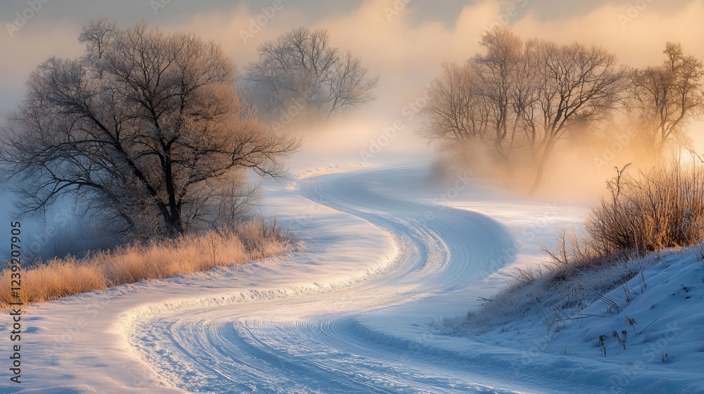 A dramatic winter scene showcasing a path winding through a shadowy, fog-laden forest A dramatic winter scene showcasing a path winding through a shadowy, fog-laden forest