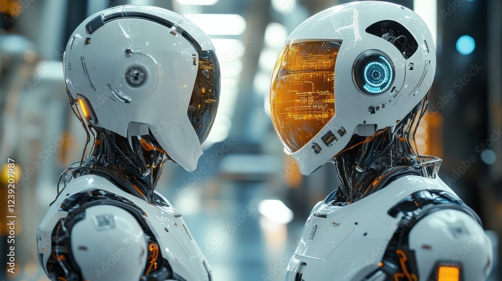 Fototapeta premium Two futuristic robots facing each other in high-tech environment with reflective helmets