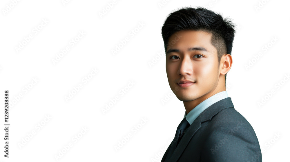 Confident businessman smiling over shoulder on transparent background Confident businessman smiling over shoulder on transparent background