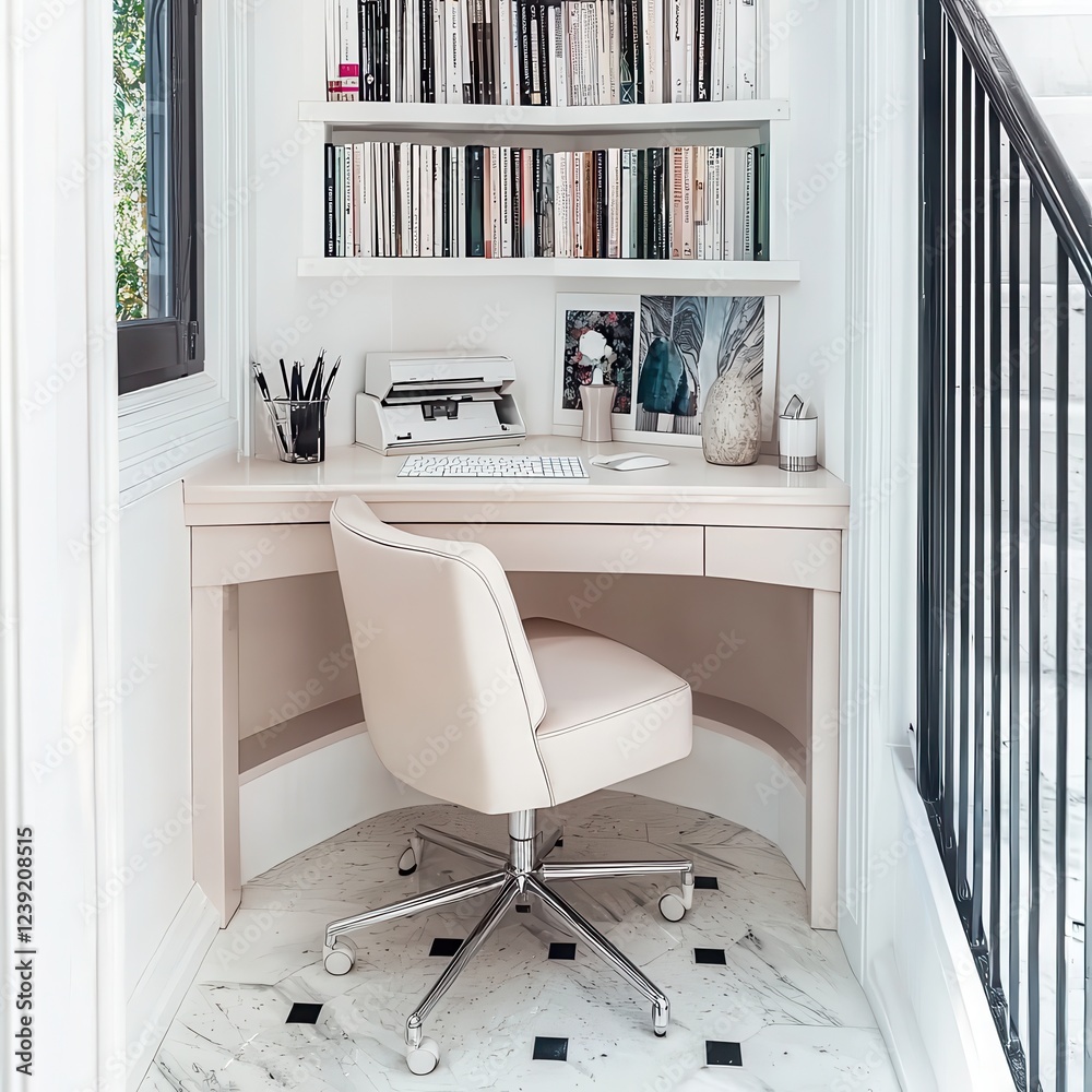 Fototapeta premium Small elegant home office with bookshelves and natural light