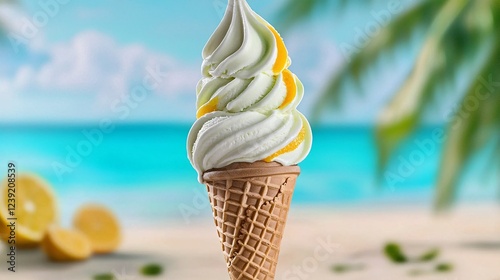 refreshing soft serve ice cream cone with a citrus twist flavor on a warm beach day. Soft serve ice cream 