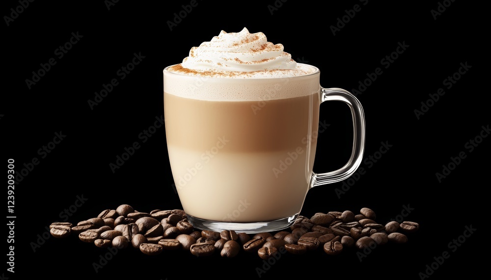 A cafe-inspired latte macchiato, artfully layered in a glass mug, topped with frothy whipped cream and cinnamon, surrounded by coffee beans for an inviting ambiance. A cafe-inspired latte macchiato, artfully layered in a glass mug, topped with frothy whipped cream and cinnamon, surrounded by coffee beans for an inviting ambiance.