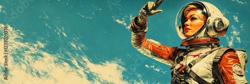 Obraz na płótnie A stylish, retro-inspired poster shows a woman astronaut in a vintage space suit giving a salute in space, with bold colors and Earth in the background, banner w salonie