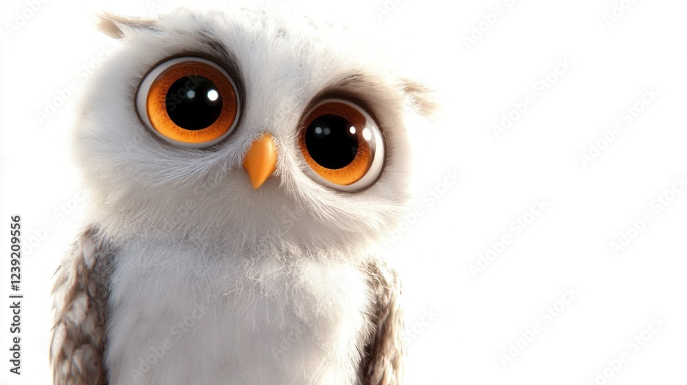 Fototapeta premium Cute baby owl portrait, white background, cartoon style, children's book illustration