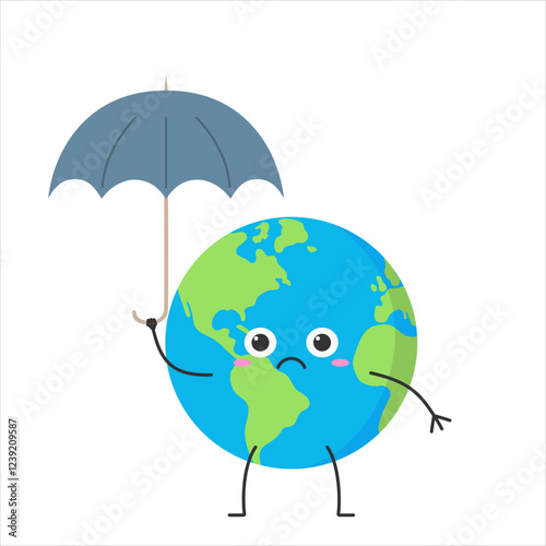 Earth cute character cartoon planet umbrella sad face emotion rain vector illustration.