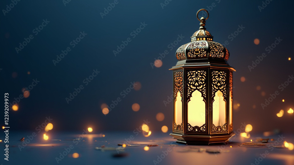 Glowing Ramadan Lantern background with bokeh effect copy text area