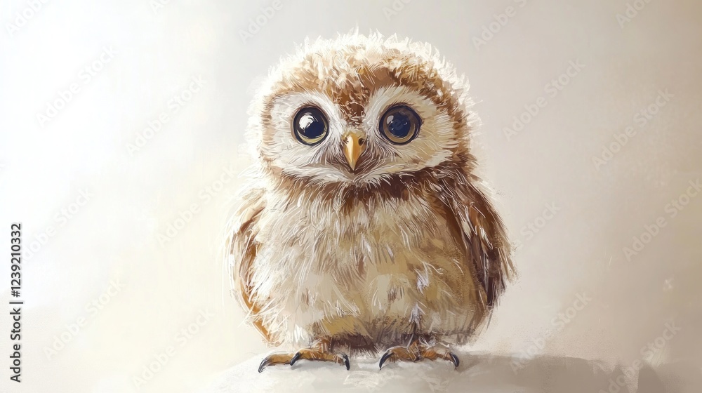 Obraz premium Cute baby owl portrait, soft light background, nature theme, children's book illustration