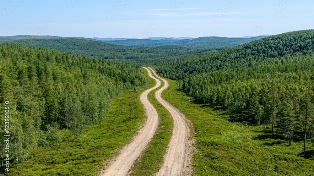 Fototapeta premium Winding dirt road through lush green forest, hills in background, aerial view, travel