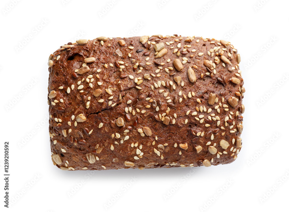 One freshly baked bread with seeds isolated on white, top view One freshly baked bread with seeds isolated on white, top view