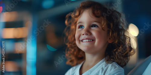 Portrait of smiling little girl looking up indoors at night