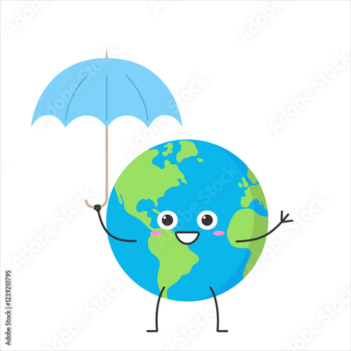 Earth cute character cartoon planet umbrella funny happy smile face emotion rain vector illustration.