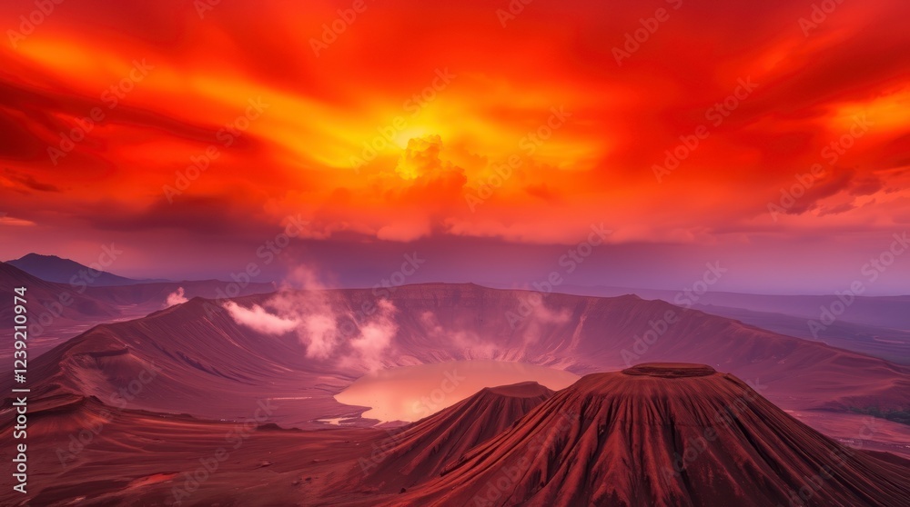 Fototapeta premium Fiery Volcanic Sunset Landscape Dramatic Crater Lake Scene