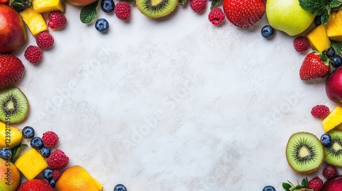 Wallpaper Mural Cut fruits on light white marble stone background, mango, strawberries, raspberries, blueberries, apples, kiwis, pineapple, copy space in the middle Torontodigital.ca