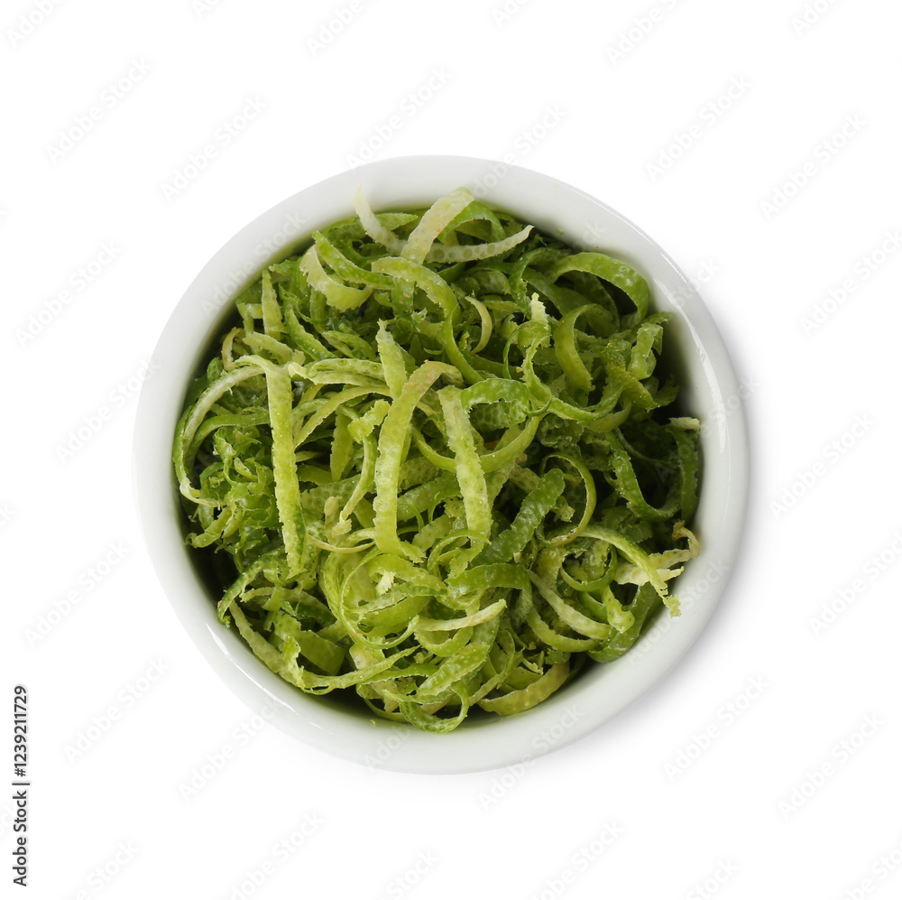 Fresh lime zest in bowl isolated on white, top view Fresh lime zest in bowl isolated on white, top view