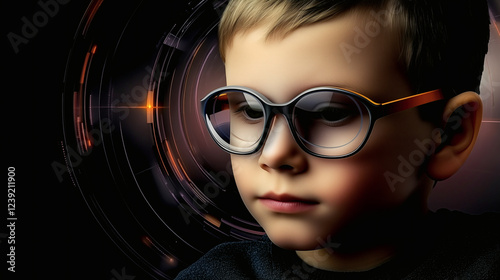 A child with futuristic glasses and a digital swirl background symbolizes the future of AI and biorobotics photo