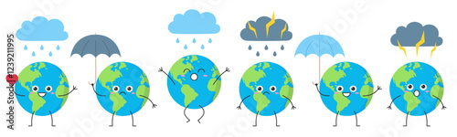Set Earth cute character cartoon planet weather rain happy joy jump love smile umbrella thunderstorm sad face emotion vector illustration.
