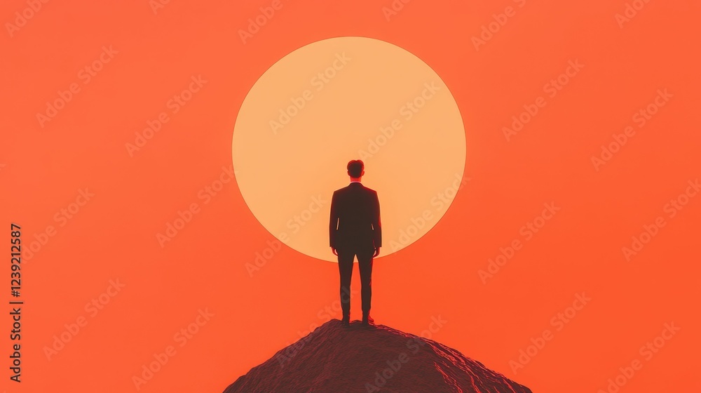 Man standing on a mountain peak at sunrise, serene natural tones and majestic light creating a tranquil atmosphere Man standing on a mountain peak at sunrise, serene natural tones and majestic light creating a tranquil atmosphere