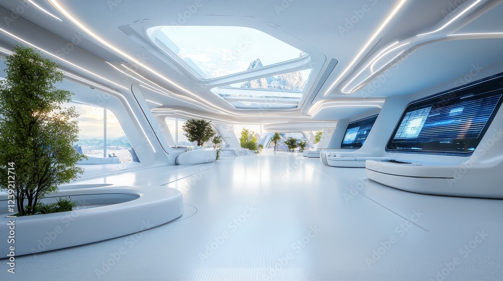Obraz premium Exploring futuristic architecture urban environment digital content high-tech space insightful viewpoint integrated holographic displays showcasing design and gigapixel technology
