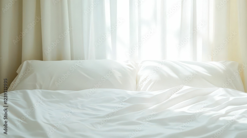 Modern bedroom in a retirement home with soft white linens, minimalist decor and bright natural light streaming through the window Modern bedroom in a retirement home with soft white linens, minimalist decor and bright natural light streaming through the window