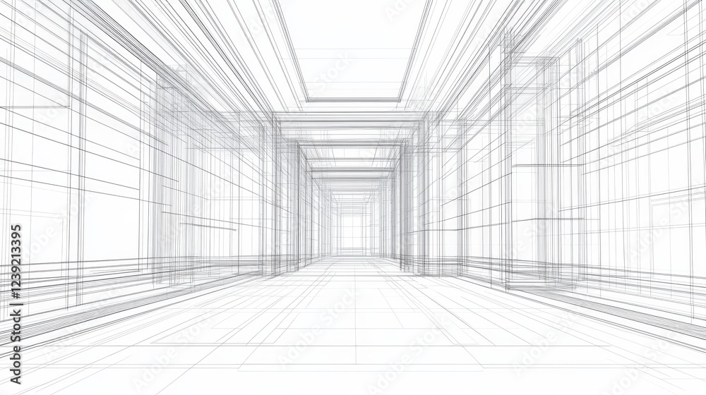 A perspective-based 3D wireframe render of a building, forming a high-tech vector blueprint background