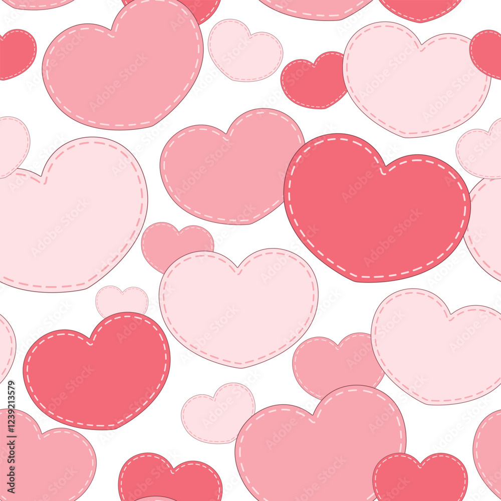 Seamless Pattern of Pink Hearts with Stitched Details on White Background Seamless Pattern of Pink Hearts with Stitched Details on White Background