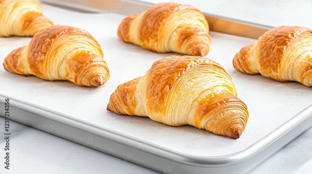 A tray of croissants with golden crust on a parchment-lined baking sheet, vibrant and artisanal baking setup A tray of croissants with golden crust on a parchment-lined baking sheet, vibrant and artisanal baking setup