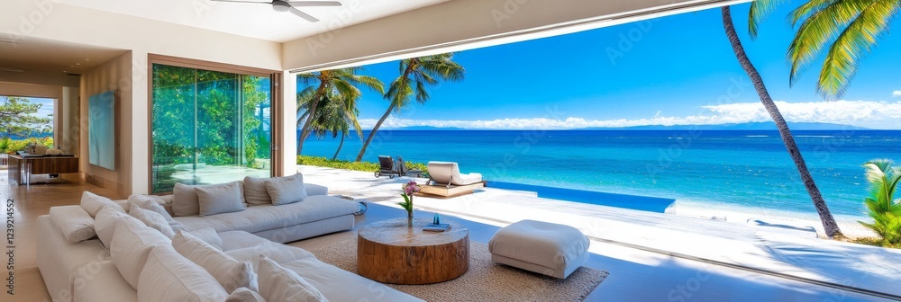Fototapeta premium Oceanfront Luxury Living Room - Luxurious living room with stunning ocean views, featuring a large sectional sofa, coffee table, and access to a private pool.