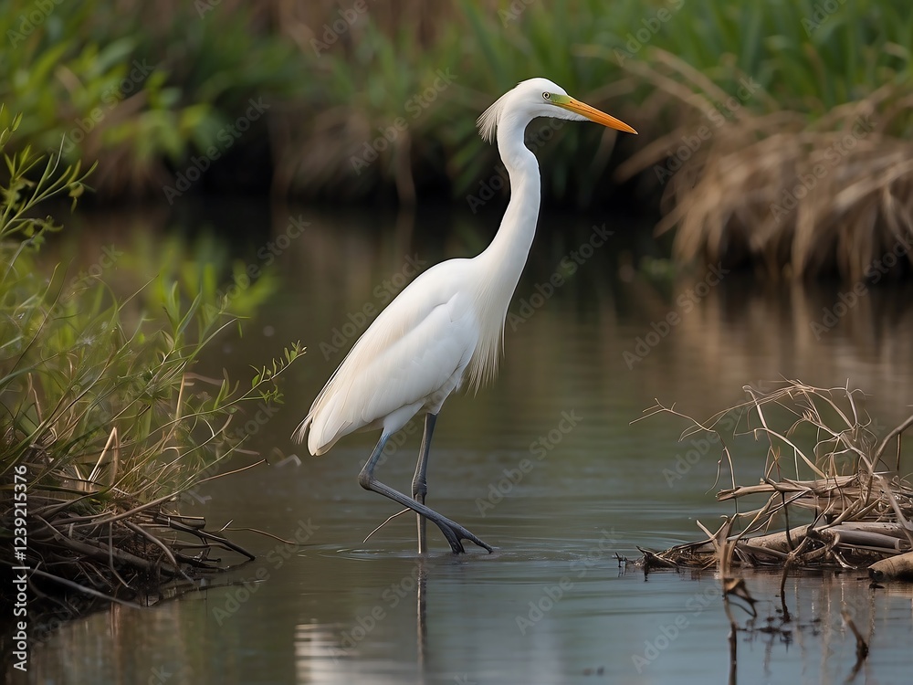 Elegant Great Egret Standing in Serene Wetland Habitat by Shallow Water Elegant Great Egret Standing in Serene Wetland Habitat by Shallow Water