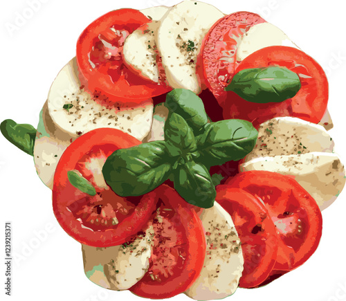 Caprese salad is a classic Italian dish made with fresh tomatoes, mozzarella cheese and basil leaves, seasoned with olive oil, salt and black pepper, often served as an appetizer or side dish.
