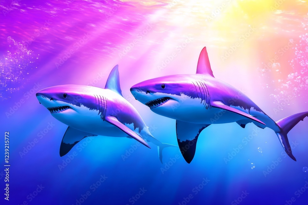 Fototapeta premium Majestic Sharks Underwater Scene - Two vibrant sharks swim gracefully in a sunlit ocean, creating a stunning underwater scene. Bubbles and colorful light enhance the image.