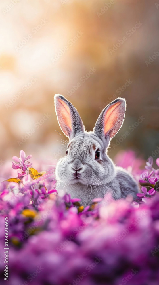 Fototapeta premium Charming white rabbit nestled in vibrant pink flowers under soft sunlight
