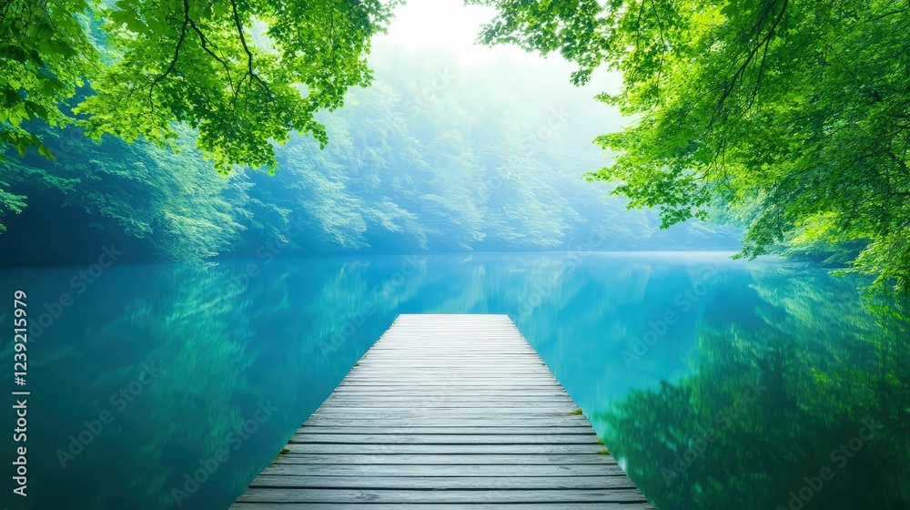 Dock leading into a vibrant blue lake surrounded by lush trees, natural outdoor setting with soft natural light creating a peaceful mood Dock leading into a vibrant blue lake surrounded by lush trees, natural outdoor setting with soft natural light creating a peaceful mood