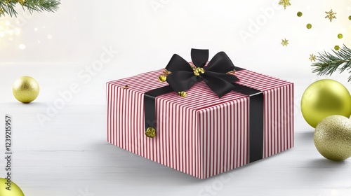 Festive Red and White Striped Gift Box - A gift box wrapped in festive red and white striped paper, tied with a black ribbon and gold bells. Symbolizing celebration, joy, gifting, holiday cheer photo