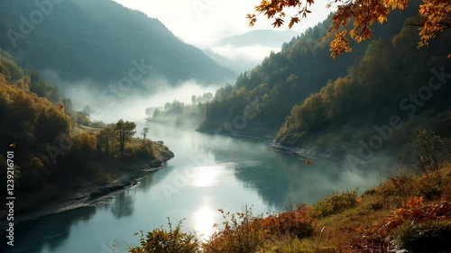 Misty River Valley in Autumn: Scenic Landscape Footage 4K
