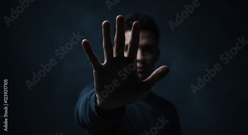 Mysterious Man Silhouetted, Hand Raised in Stop Gesture, Dark Background, Privacy, Security, Protection Concept photo