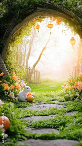 Vibrant Easter garden with flowers, eggs, and a white rabbit