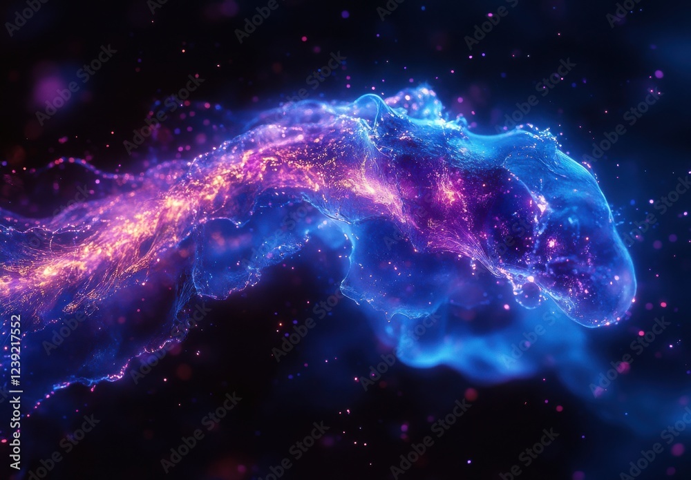 Obraz premium Abstract cosmic wave with vibrant colors, glowing particles, and stellar light trails creating a mesmerizing space phenomenon in deep blue and purple hues