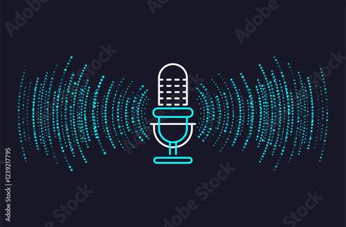 Podcast concept. Microphone with voice recording wave. Future technology