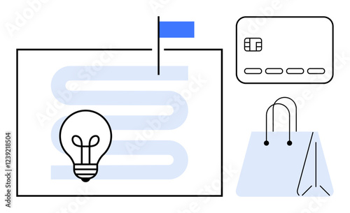 Credit card, lightbulb on a map, and shopping bag. Ideal for e-commerce, online shopping, payment methods, retail, digital innovation business strategies and consumer behavior themes. Line metaphor