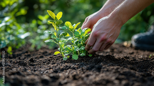 A close-up of a hand planting a vibrant green seedling into rich, dark soil. The image symbolizes growth, care, sustainability, and the connection between humans and nature photo