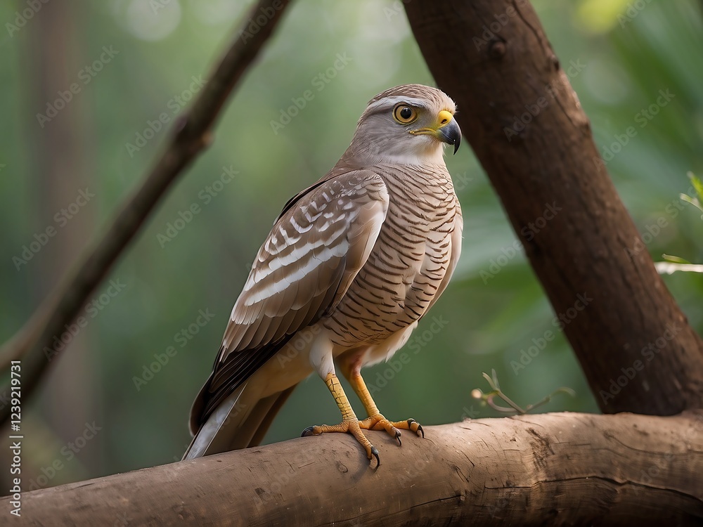Majestic Shikra Raptor Perched on Tree in Woodland Habitat Close Up Majestic Shikra Raptor Perched on Tree in Woodland Habitat Close Up