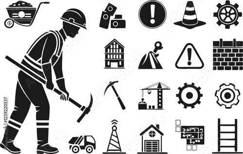 A Comprehensive Illustration of Construction Workers, Safety Symbols, Tools, Heavy Machinery, and Infrastructure Depicting Hard Work, Dedication, and the Effort Behind Building and Development Project