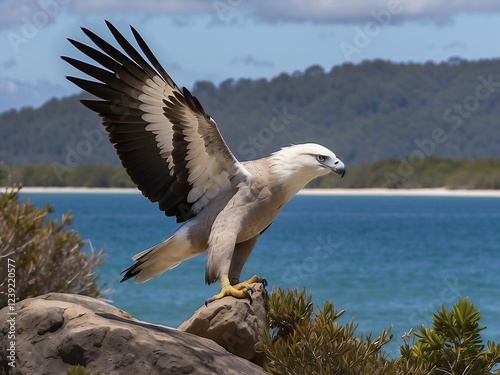 Majestic White-Bellied Sea Eagle Soaring Over Coastal Landscape in Blue Sky