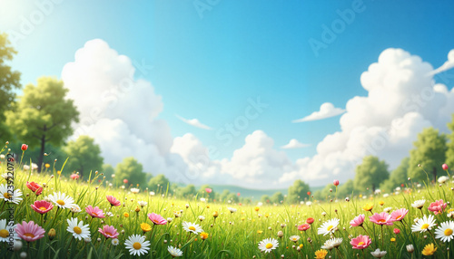 Colorful wildflowers in sunny meadow under blue sky