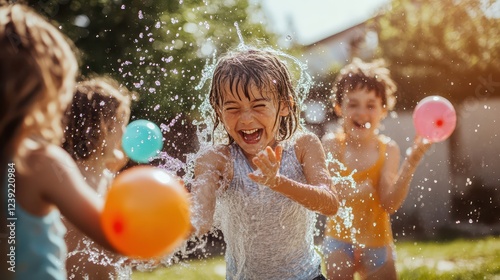 Group of Kids Laughing and Throwing Colorful Water Balloons in a Sunny Backyard