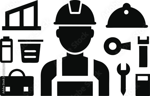 Labor Day Silhouettes of Workers, Tools, and Construction Gear Representing the Strength, Skill, and Dedication of the Workforce