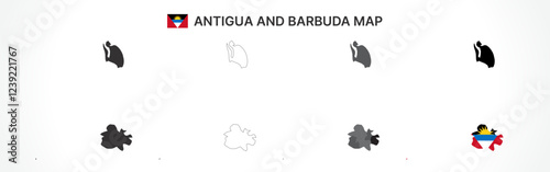 Detailed Antigua and Barbuda Map Collection with Outline, Silhouette, Administrative Divisions, and Flag Overlay Variations