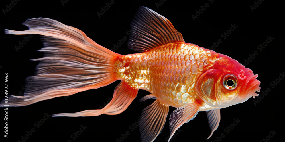 vibrant goldfish with flowing fins swimming gracefully in dark background, showcasing its bright orange and gold colors