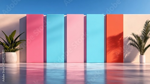 A row of colorful panels with plants in pots next to them